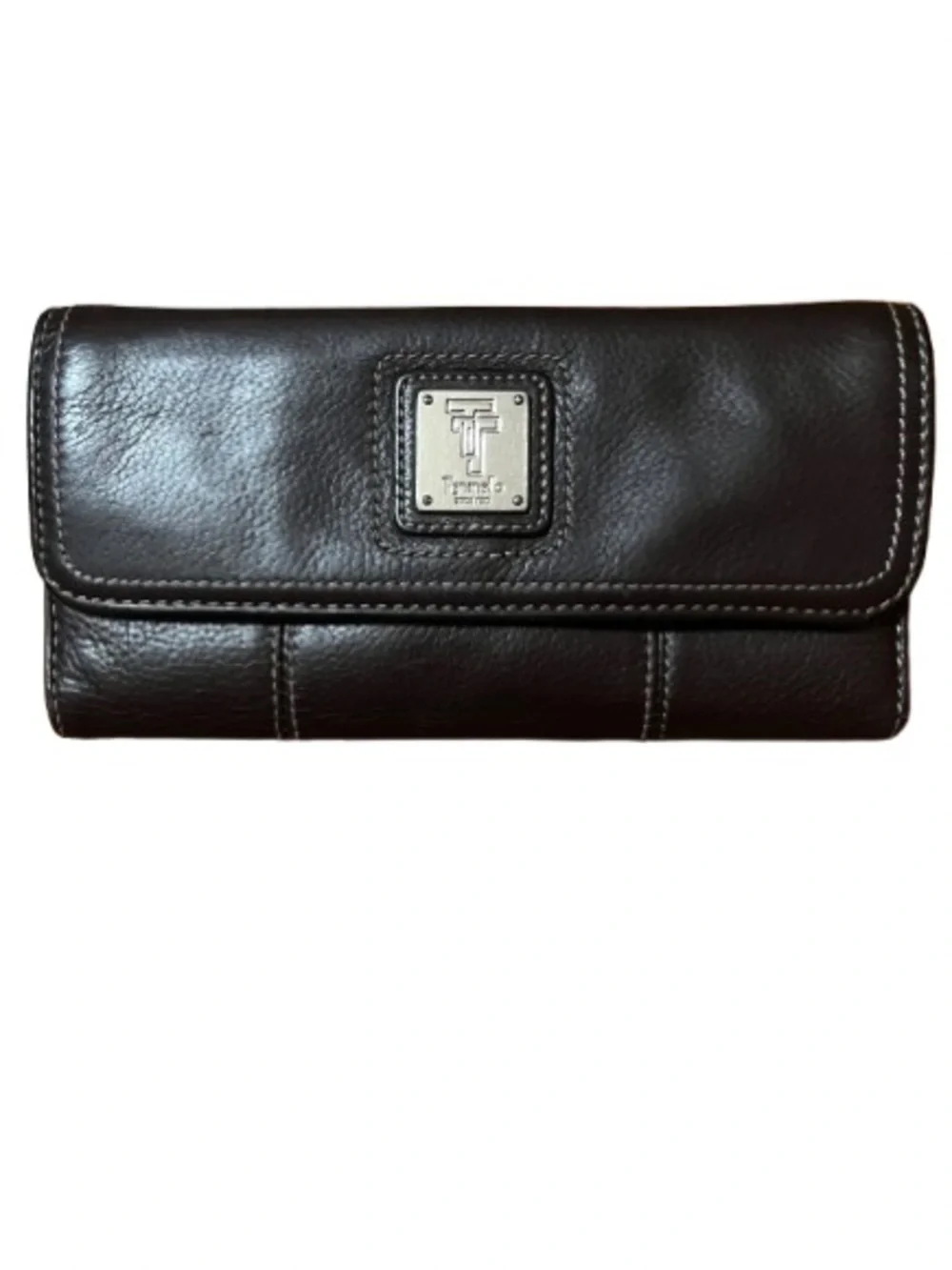 Tignanello Dark Brown Pebbled Leather Clutch Wallet with Logo Plaque